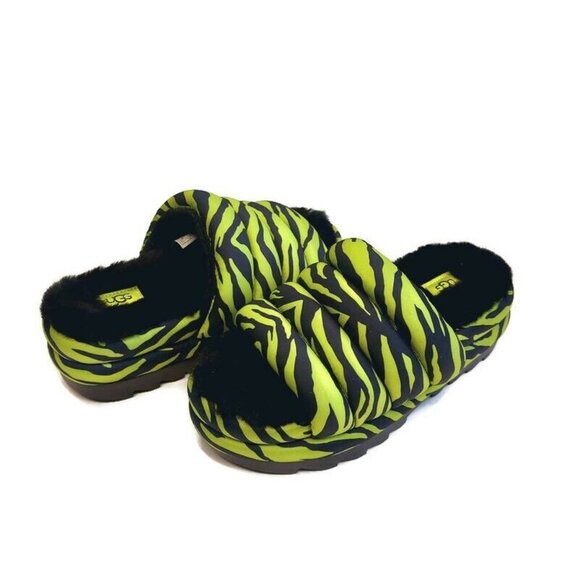 UGG Womens 6 Maxi Slide Tiger Print Sheepskin Platform Slippers Key Lime Green - Picture 8 of 8
